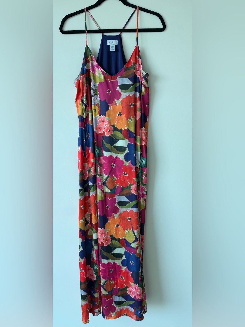 Nicole Miller Bold Floral Maxi Dress in Navy, Pink & Orange
